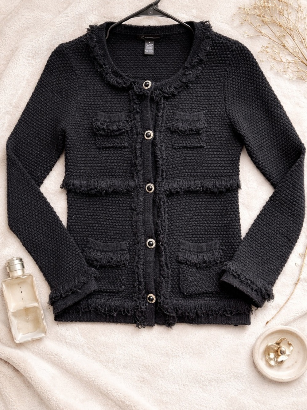 INC International Concepts Black Fringe-Trim Knit Cardigan